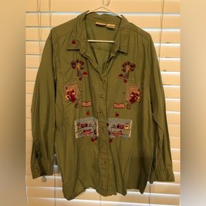 Plus sized Women’s Embroidered Apples long-sleeved, button down.